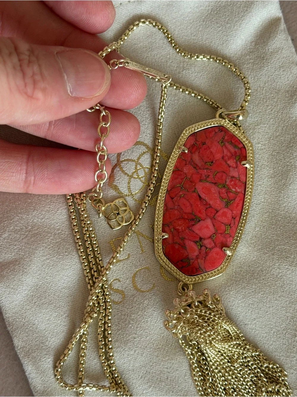 Kendra Scott Rayne Gold Long Tassel Necklace – Red/Coral Composite Stone